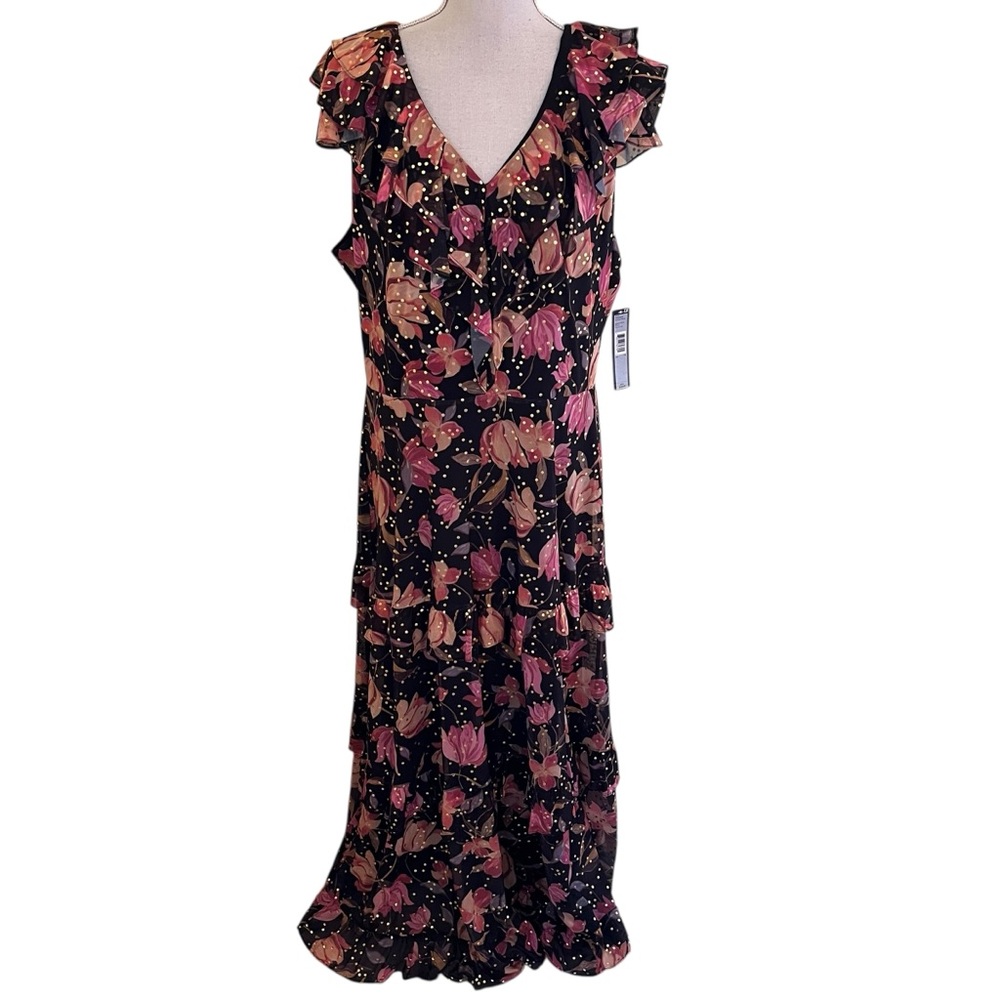 Tahari ASL Black with Gold/Pink Floral and Gold Metallic Dots Maxi Dress
